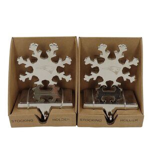 New England Patriots Pair of 2 Silver Snowflake Christmas Stocking Holders NEW